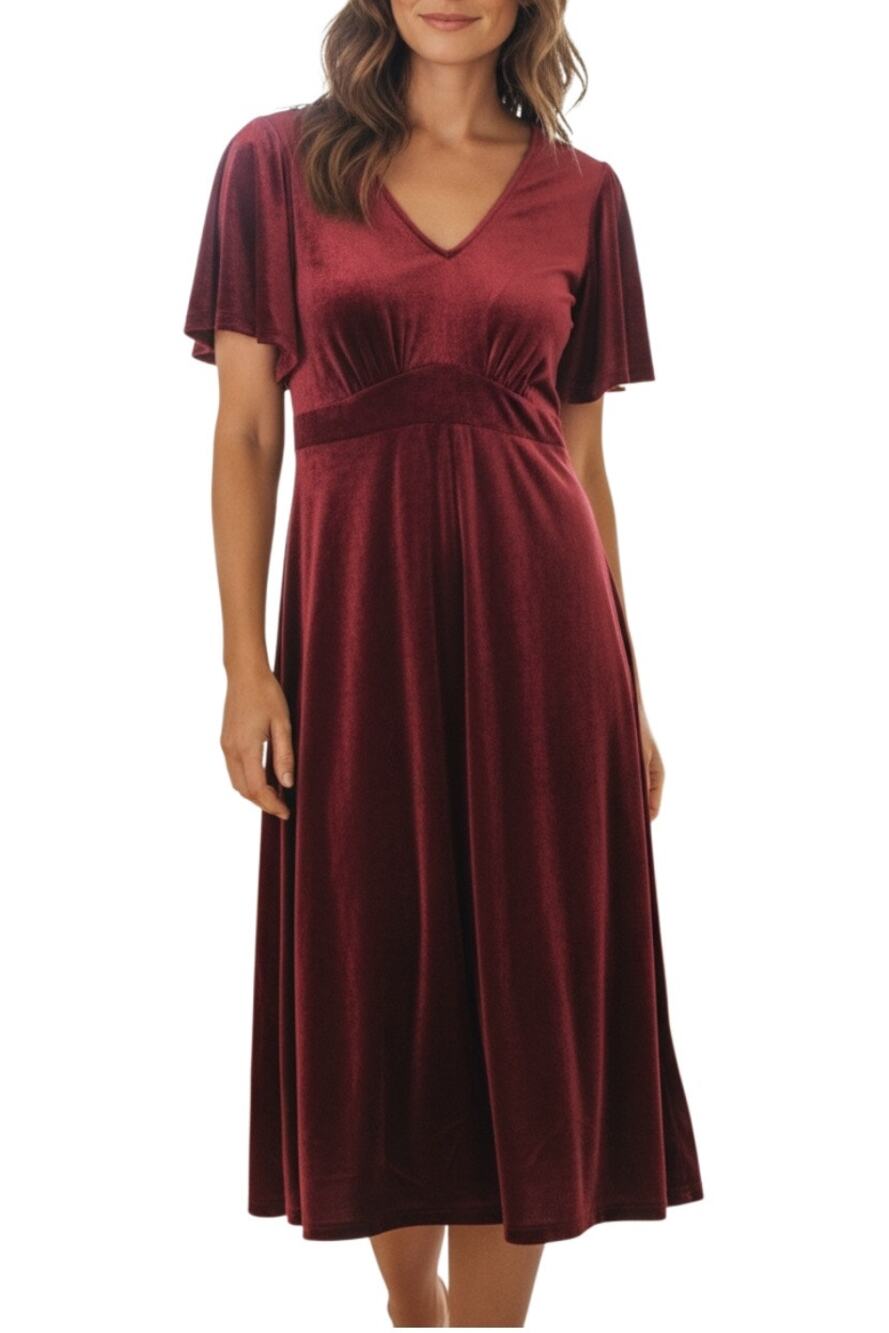Old Navy Velvet Dress Midi Length Short Flutter Sleeve Red Table Wine Size Small
